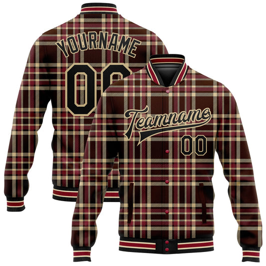 Custom Brown Black Vegas Gold City Cream-Crimson Classic Western Plaid 3D Pattern Design Bomber Full-Snap Varsity Letterman Jacket - Main View