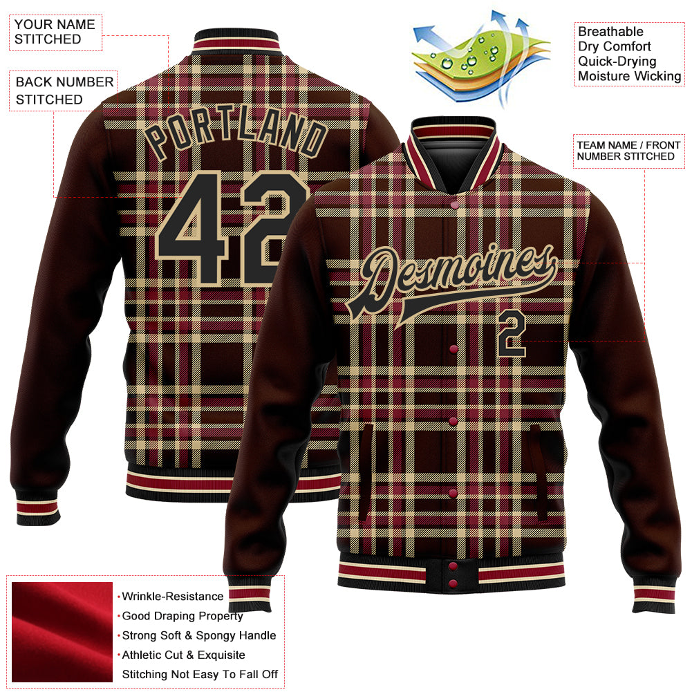 Custom Brown Black Vegas Gold City Cream-Crimson Classic Western Plaid 3D Pattern Design Bomber Full-Snap Varsity Letterman Jacket view 5