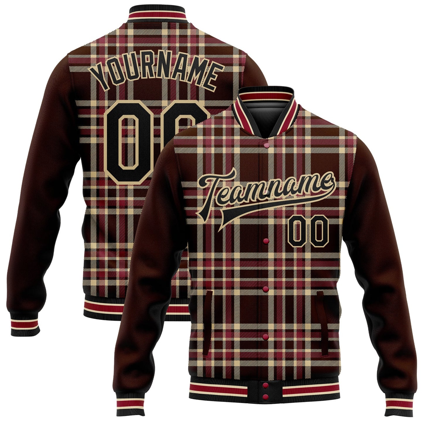 Custom Brown Black Vegas Gold City Cream-Crimson Classic Western Plaid 3D Pattern Design Bomber Full-Snap Varsity Letterman Jacket - Main View