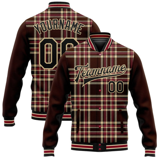 Custom Brown Black Vegas Gold City Cream-Crimson Classic Western Plaid 3D Pattern Design Bomber Full-Snap Varsity Letterman Jacket - Main View