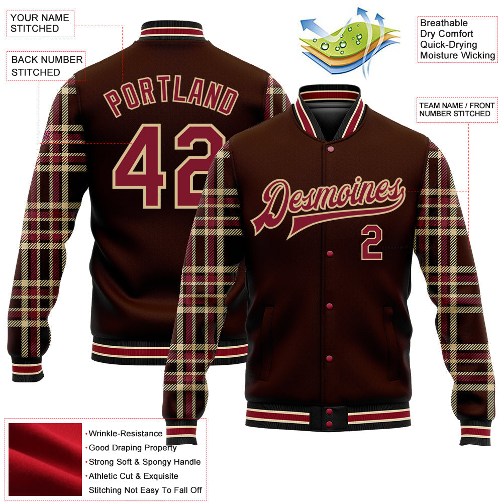 Custom Brown Crimson Vegas Gold Black-City Cream Classic Western Plaid 3D Pattern Design Bomber Full-Snap Varsity Letterman Jacket view 5