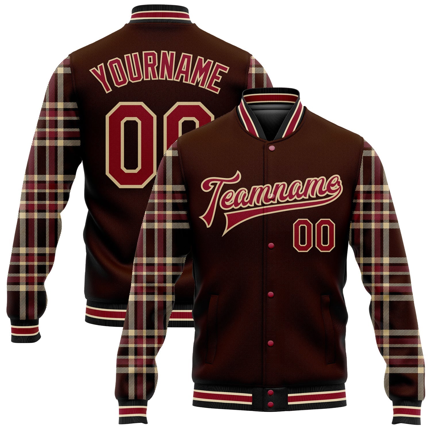 Custom Brown Crimson Vegas Gold Black-City Cream Classic Western Plaid 3D Pattern Design Bomber Full-Snap Varsity Letterman Jacket - Main View