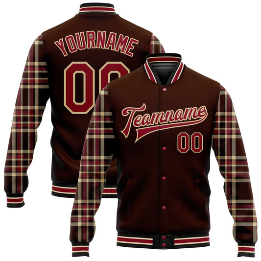 Custom Brown Crimson Vegas Gold Black-City Cream Classic Western Plaid 3D Pattern Design Bomber Full-Snap Varsity Letterman Jacket - Main View