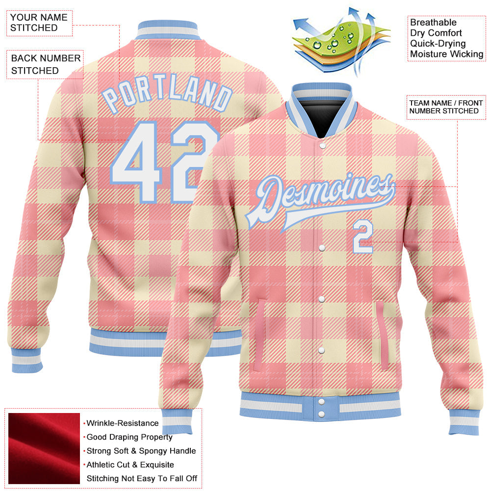 Custom Medium Pink White-Light Blue Classic Western Plaid 3D Pattern Design Bomber Full-Snap Varsity Letterman Jacket view 5