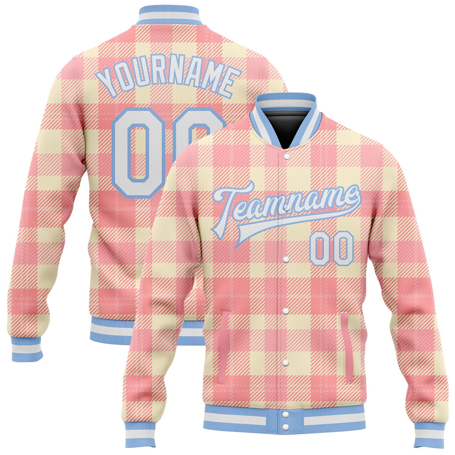Custom Medium Pink White-Light Blue Classic Western Plaid 3D Pattern Design Bomber Full-Snap Varsity Letterman Jacket - Main View