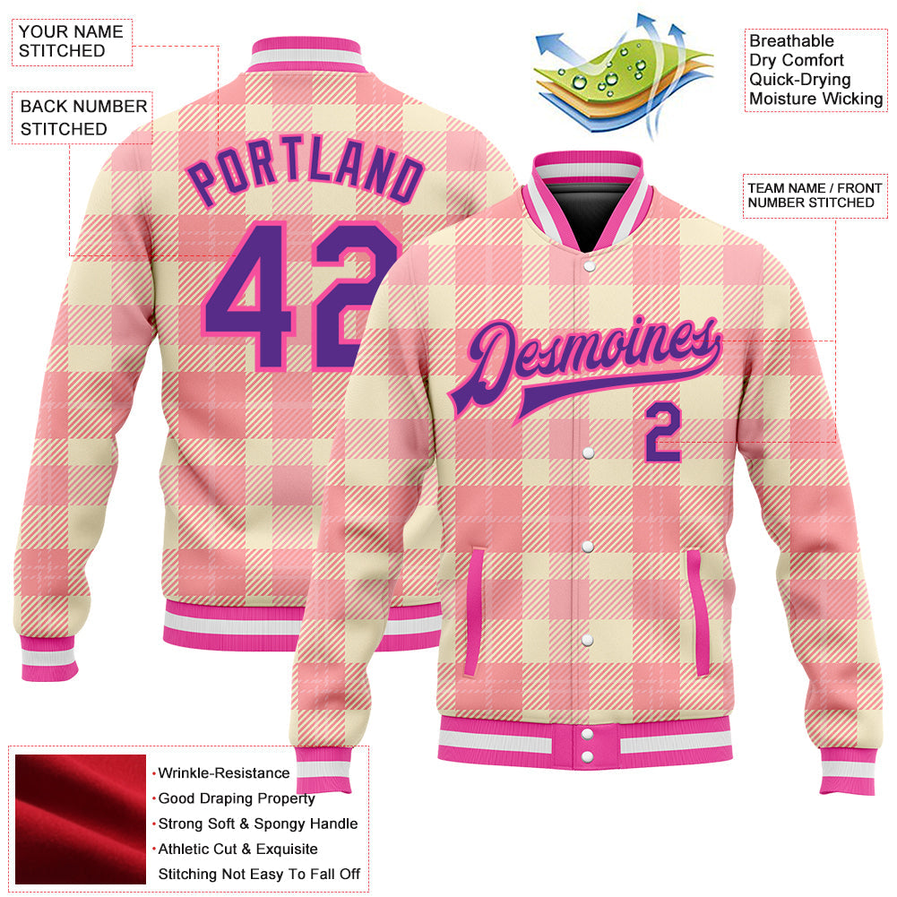 Custom Medium Pink Purple-Pink Classic Western Plaid 3D Pattern Design Bomber Full-Snap Varsity Letterman Jacket view 5