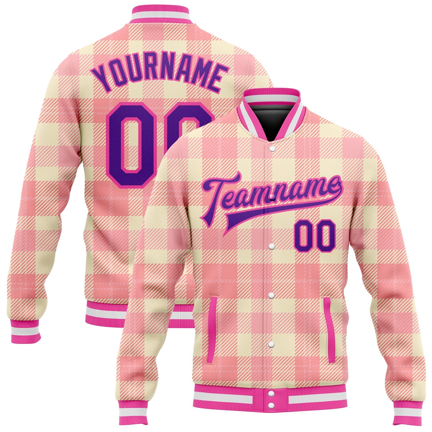 Custom Medium Pink Purple-Pink Classic Western Plaid 3D Pattern Design Bomber Full-Snap Varsity Letterman Jacket - Main View