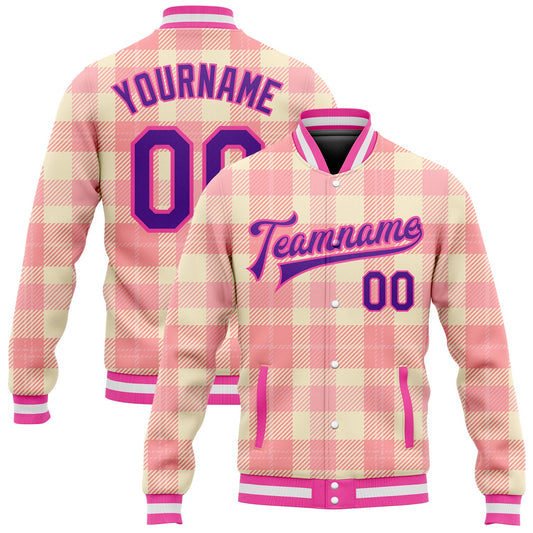 Custom Medium Pink Purple-Pink Classic Western Plaid 3D Pattern Design Bomber Full-Snap Varsity Letterman Jacket - Main View