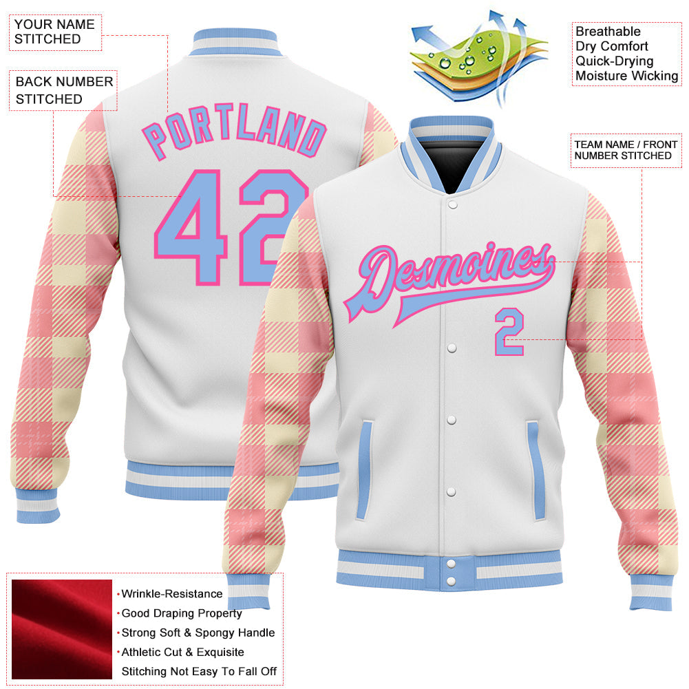 Custom White Light Blue Pink-Medium Pink Classic Western Plaid 3D Pattern Design Bomber Full-Snap Varsity Letterman Jacket view 5