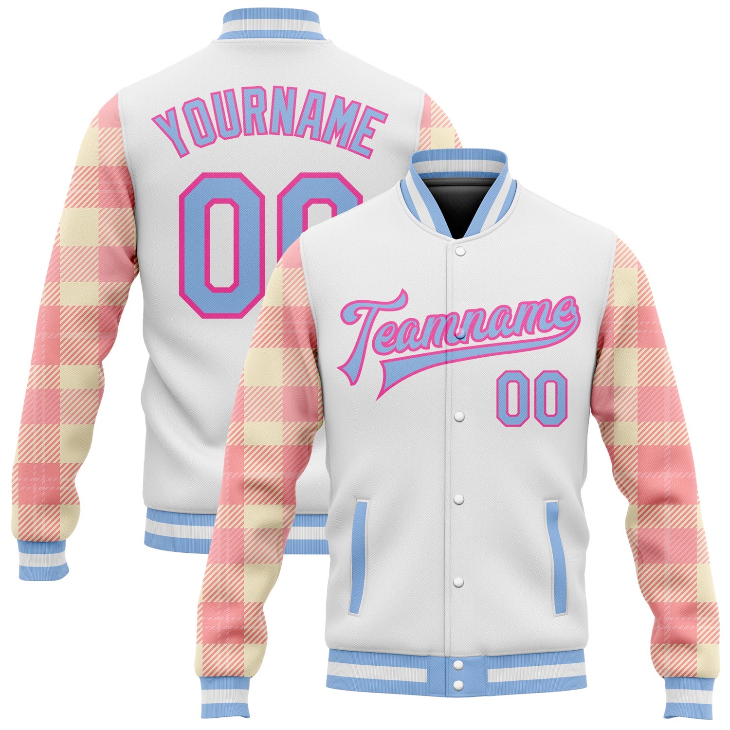 Custom White Light Blue Pink-Medium Pink Classic Western Plaid 3D Pattern Design Bomber Full-Snap Varsity Letterman Jacket - Main View