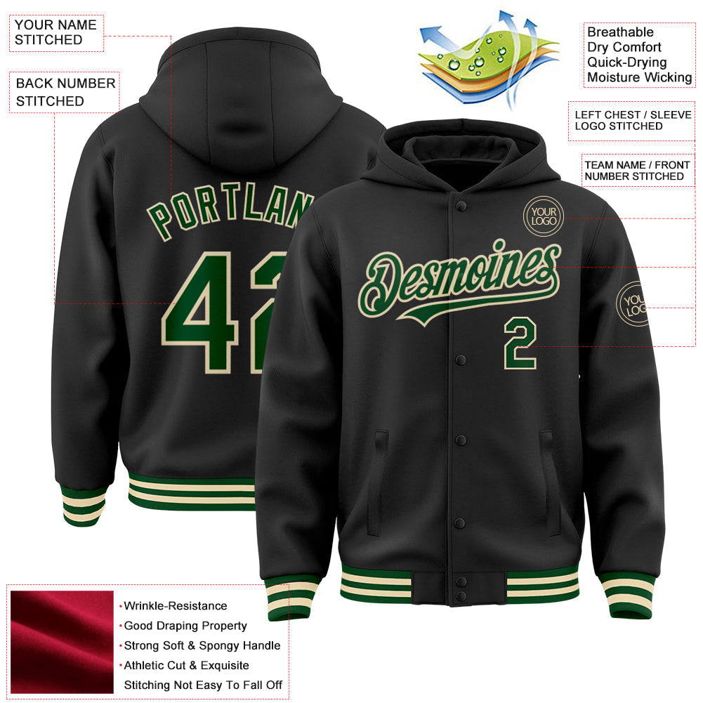 Custom Black Green-Cream Bomber Full-Snap Varsity Letterman Hoodie Jacket view 3