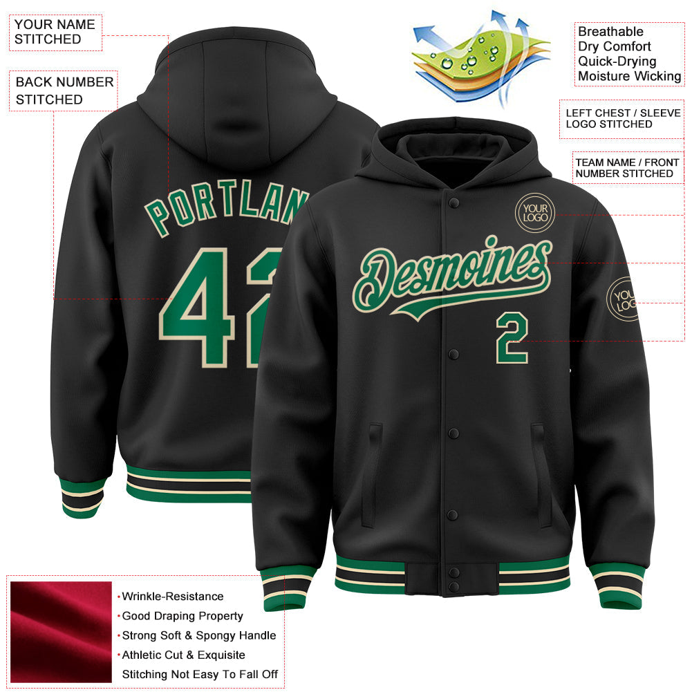 Custom Black Kelly Green-Cream Bomber Full-Snap Varsity Letterman Hoodie Jacket view 3