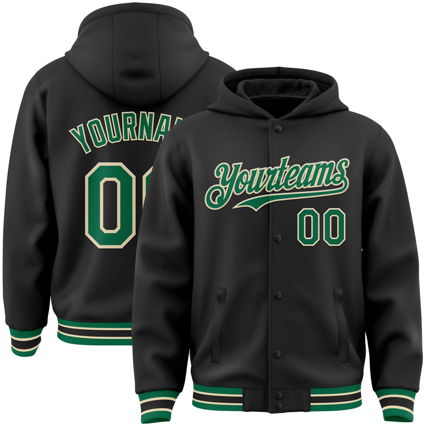 Custom Black Kelly Green-Cream Bomber Full-Snap Varsity Letterman Hoodie Jacket - Main View