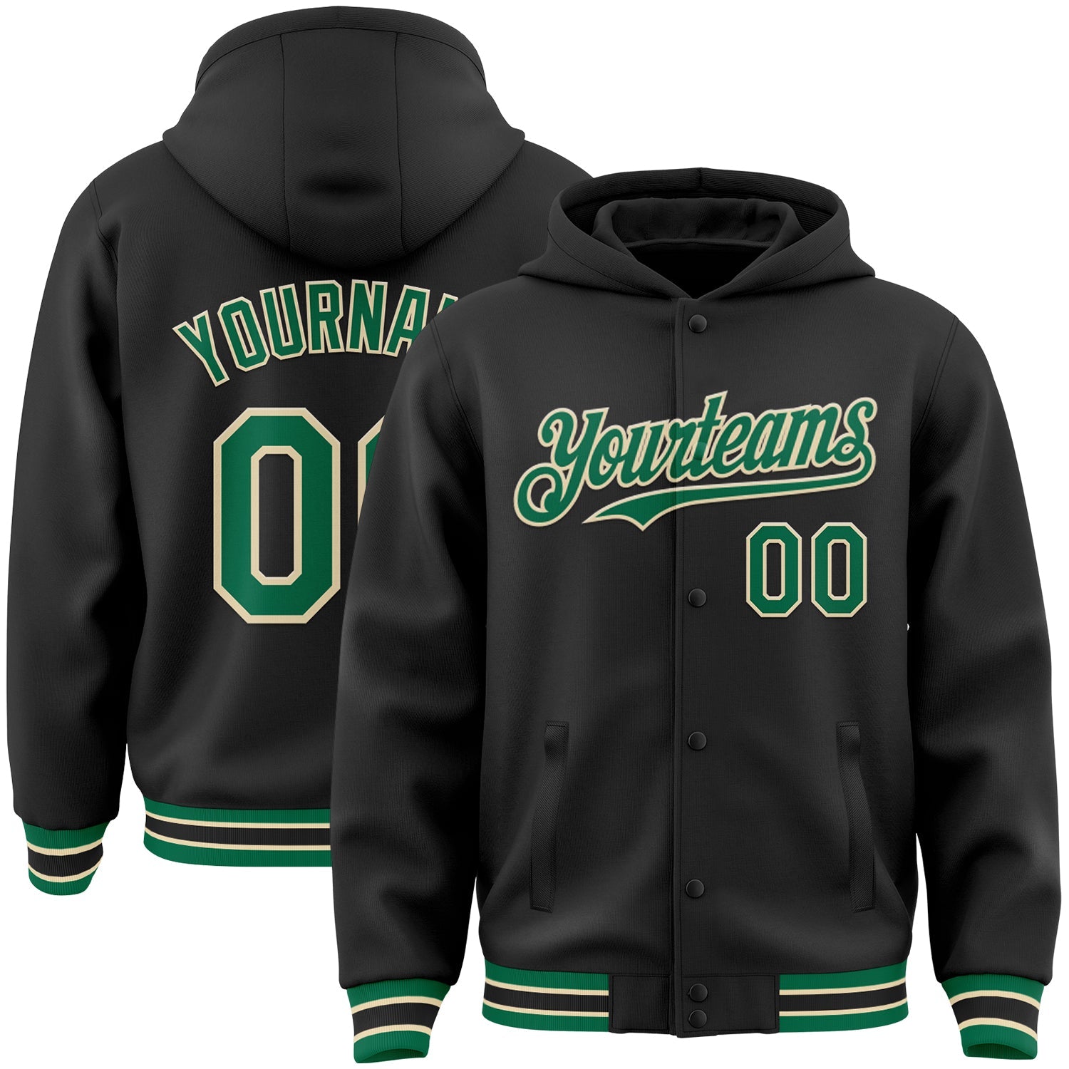 Custom Black Kelly Green-Cream Bomber Full-Snap Varsity Letterman Hoodie Jacket - Main View