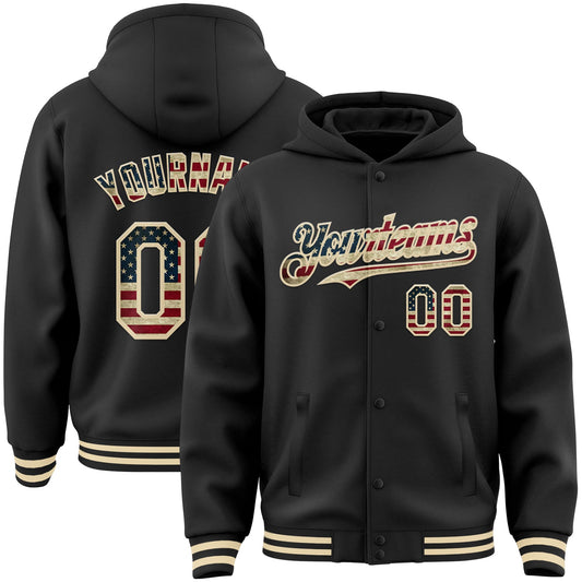 Custom Black Vintage USA Flag-Cream Bomber Full-Snap Varsity Letterman Hoodie Jacket - Main View
