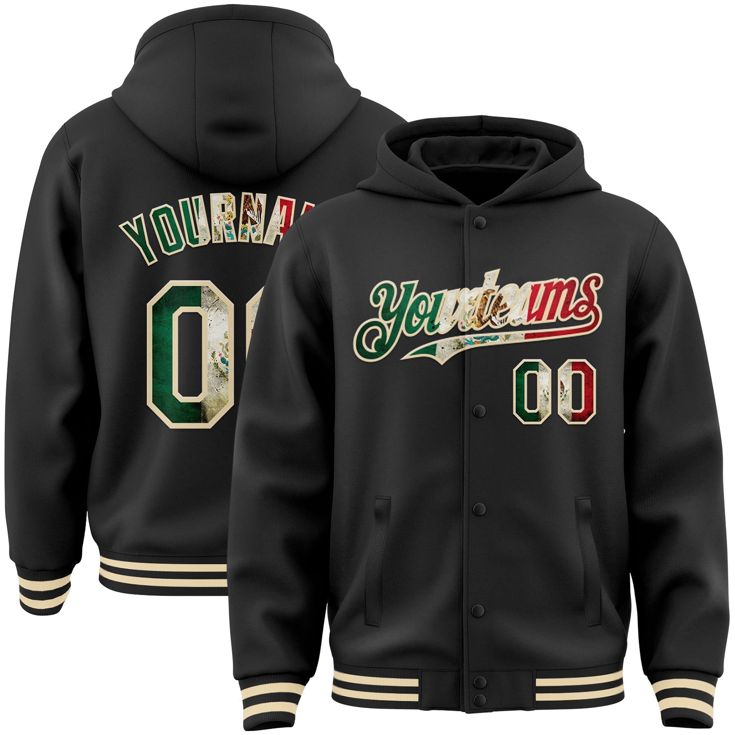 Custom Black Vintage Mexican Flag-Cream Bomber Full-Snap Varsity Letterman Hoodie Jacket - Main View