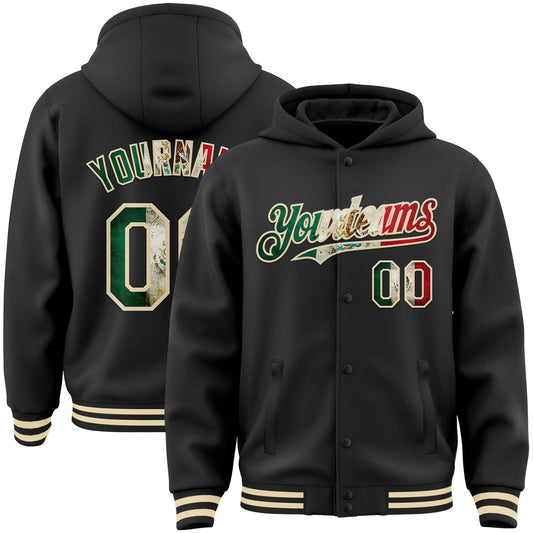 Custom Black Vintage Mexican Flag-Cream Bomber Full-Snap Varsity Letterman Hoodie Jacket - Main View