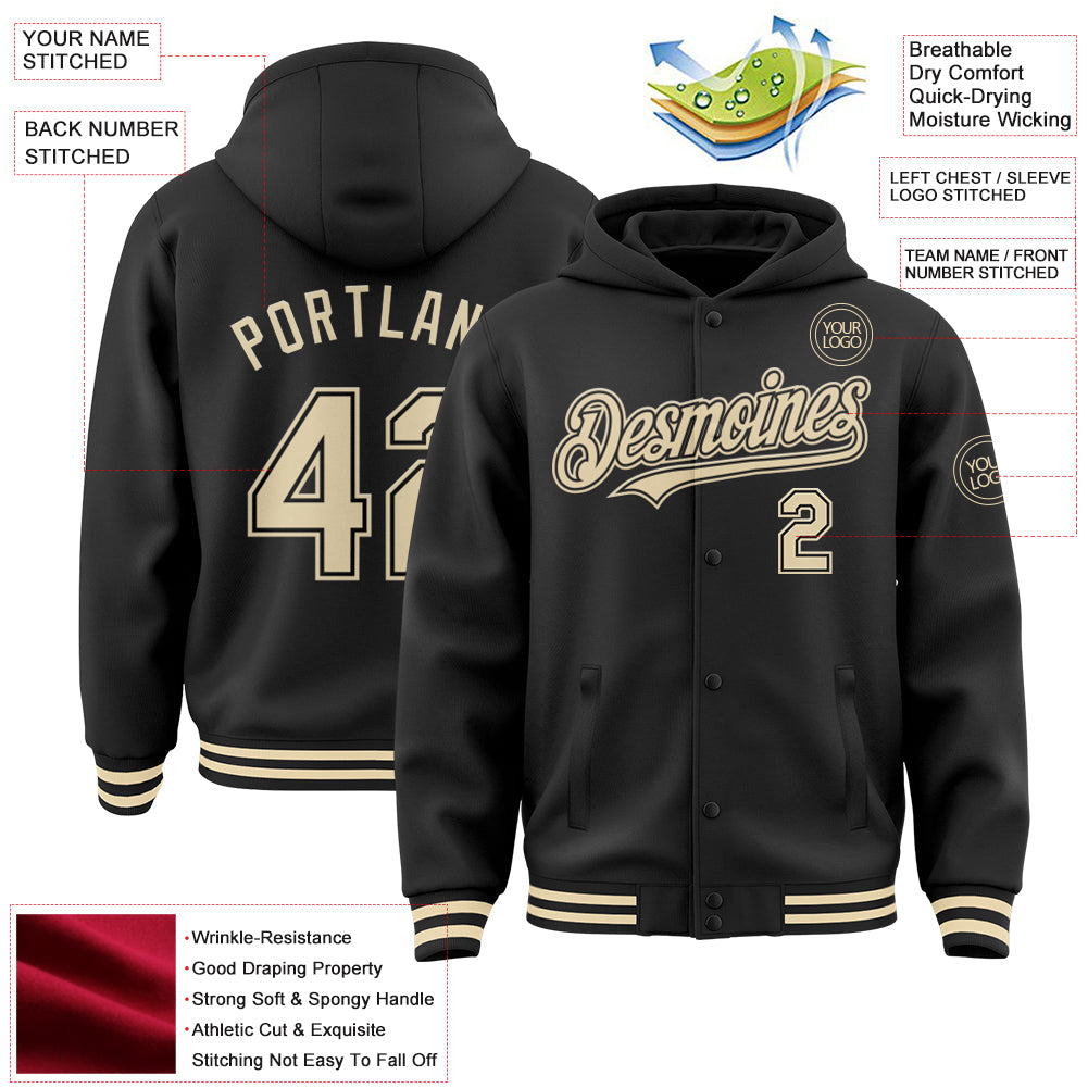 Custom Black Cream Bomber Full-Snap Varsity Letterman Hoodie Jacket view 3