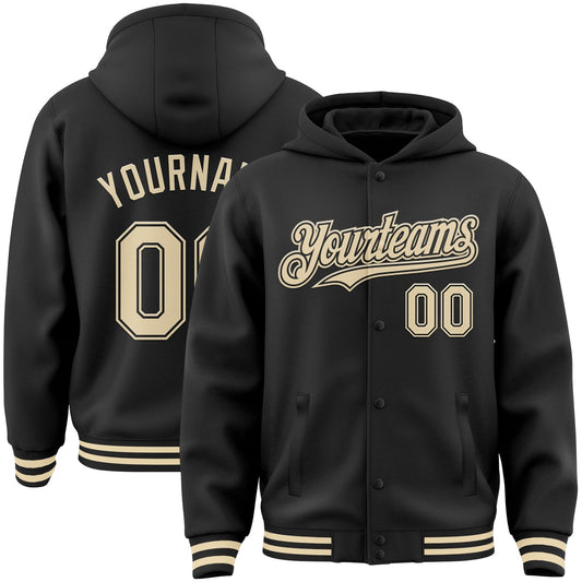 Custom Black Cream Bomber Full-Snap Varsity Letterman Hoodie Jacket - Main View