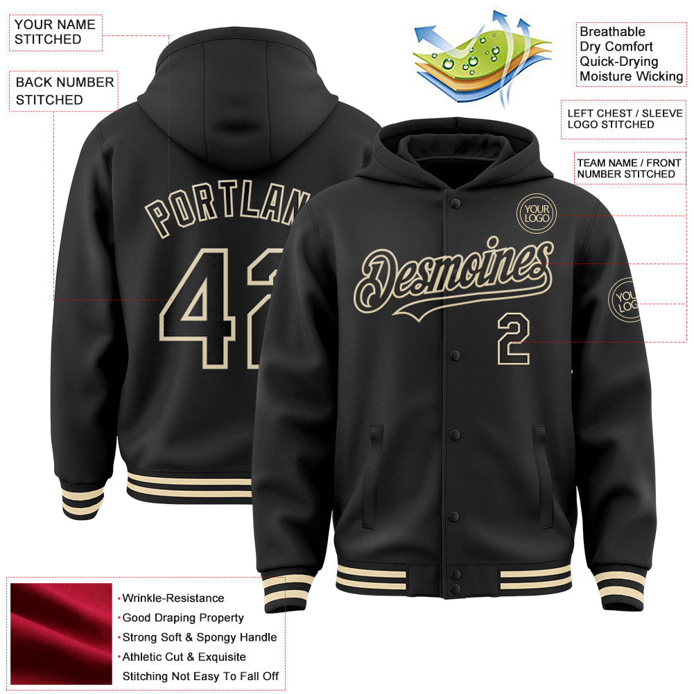 Custom Black Cream Bomber Full-Snap Varsity Letterman Hoodie Jacket view 3