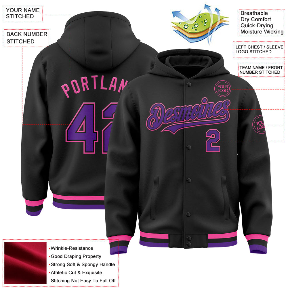 Custom Black Purple-Pink Bomber Full-Snap Varsity Letterman Hoodie Jacket view 3