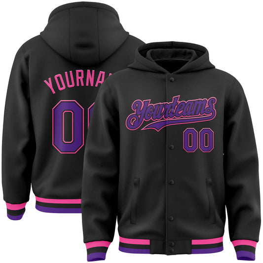 Custom Black Purple-Pink Bomber Full-Snap Varsity Letterman Hoodie Jacket - Main View