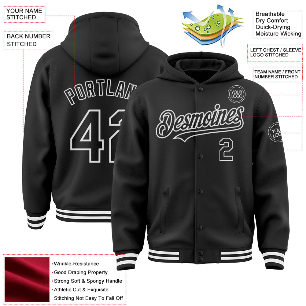 Custom Black White Bomber Full-Snap Varsity Letterman Hoodie Jacket view 3