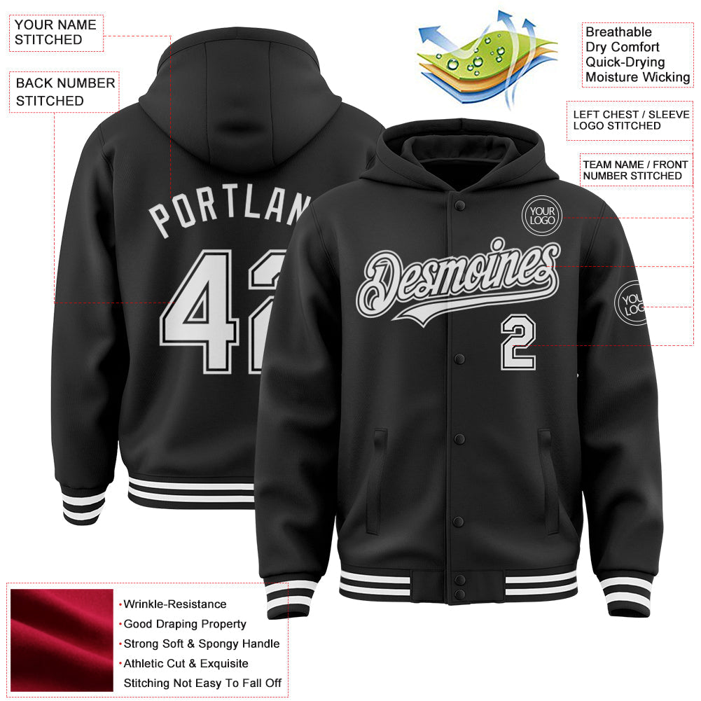 Custom Black White Bomber Full-Snap Varsity Letterman Hoodie Jacket view 3