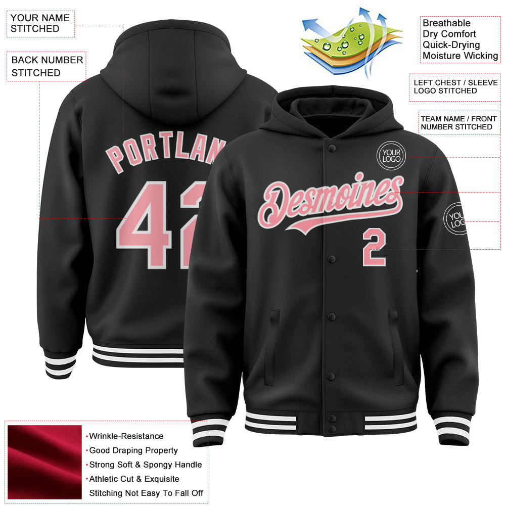Custom Black Medium Pink-White Bomber Full-Snap Varsity Letterman Hoodie Jacket view 3