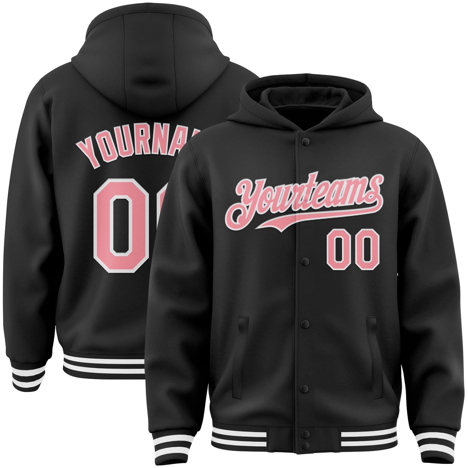 Custom Black Medium Pink-White Bomber Full-Snap Varsity Letterman Hoodie Jacket - Main View