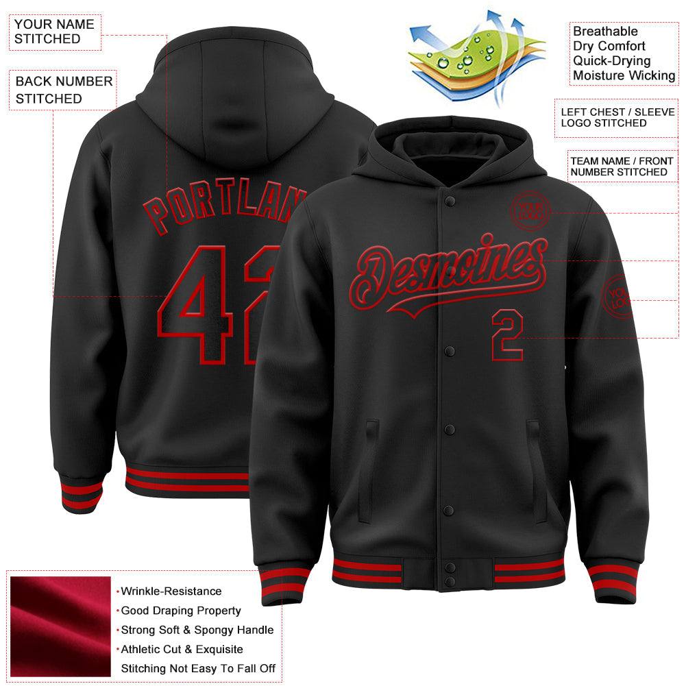 Custom Black Red Bomber Full-Snap Varsity Letterman Hoodie Jacket view 3