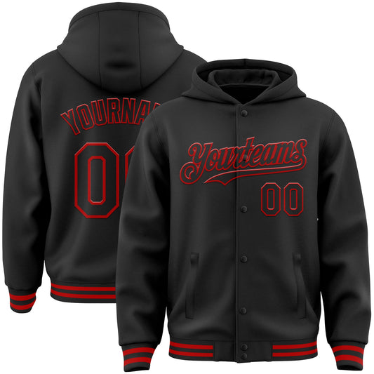 Custom Black Red Bomber Full-Snap Varsity Letterman Hoodie Jacket - Main View