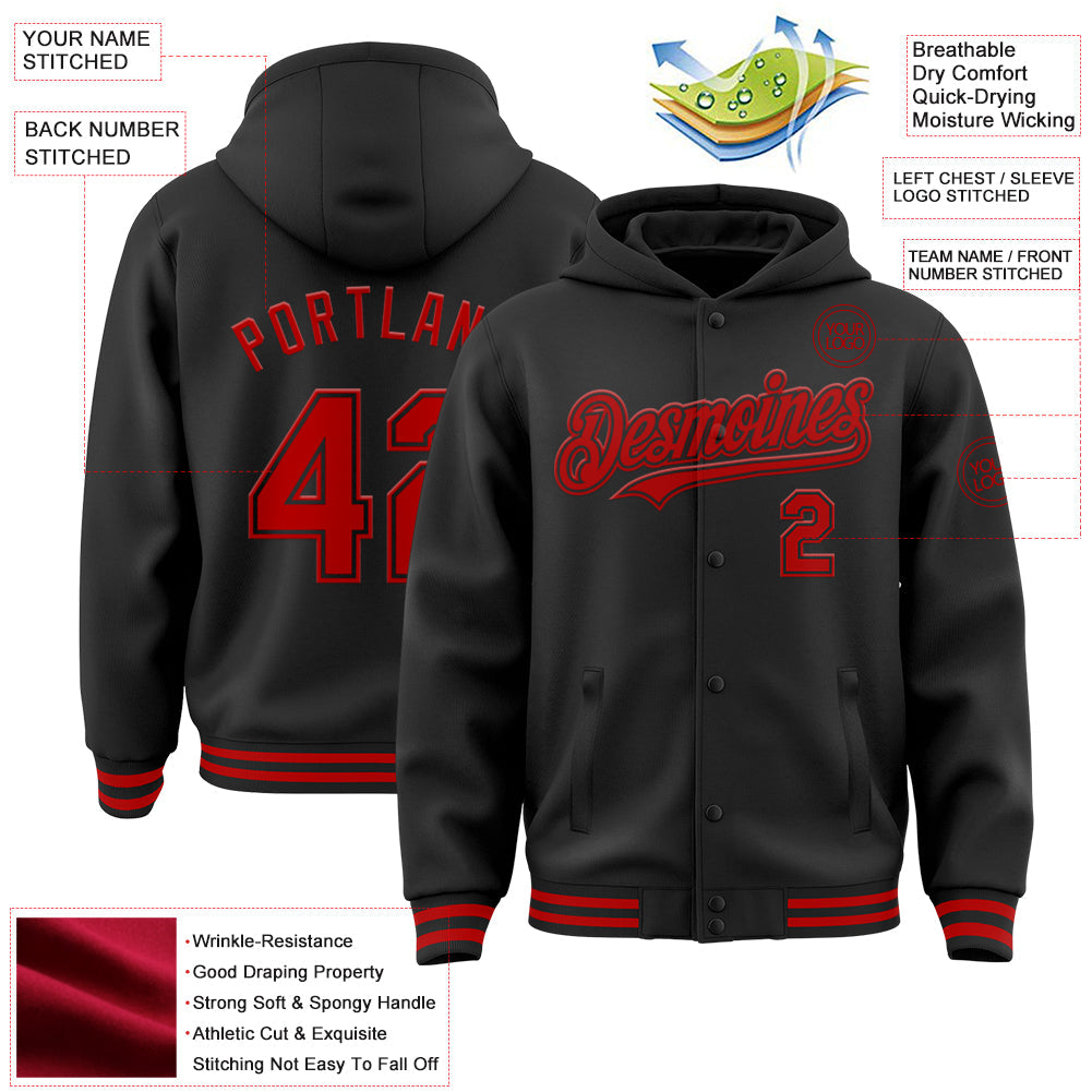 Custom Black Red Bomber Full-Snap Varsity Letterman Hoodie Jacket view 3