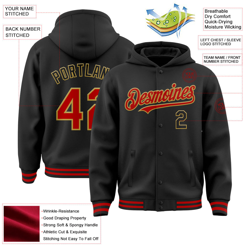 Custom Black Red-Old Gold Bomber Full-Snap Varsity Letterman Hoodie Jacket view 3