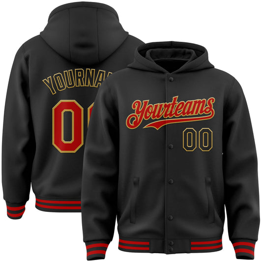 Custom Black Red-Old Gold Bomber Full-Snap Varsity Letterman Hoodie Jacket - Main View