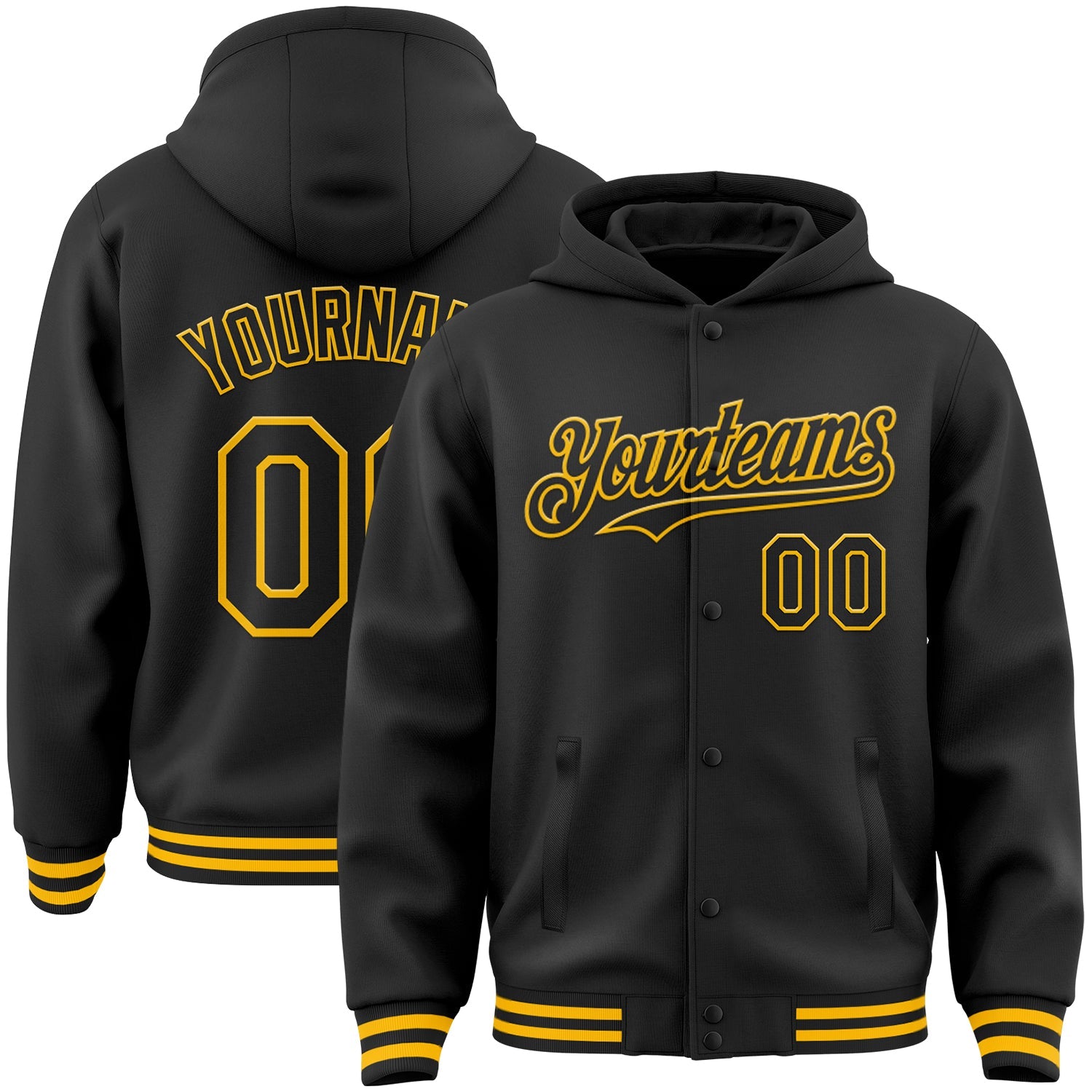 Custom Black Gold Bomber Full-Snap Varsity Letterman Hoodie Jacket - Main View