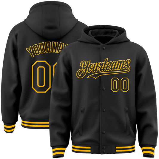 Custom Black Gold Bomber Full-Snap Varsity Letterman Hoodie Jacket - Main View