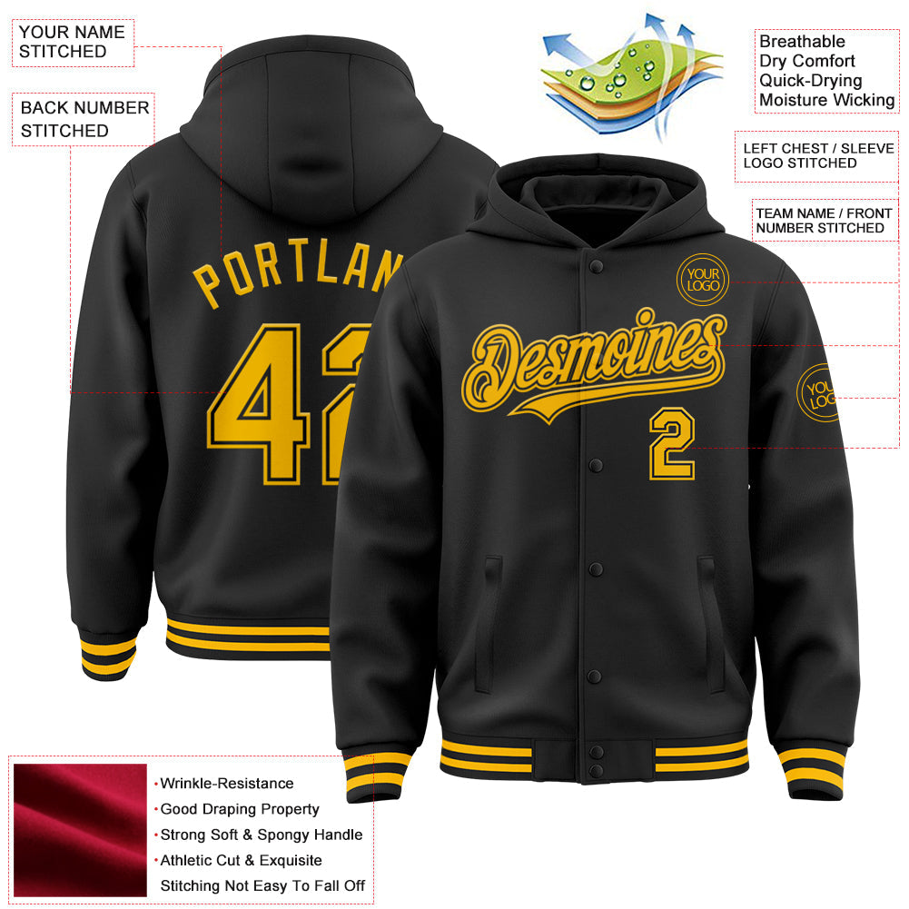 Custom Black Gold Bomber Full-Snap Varsity Letterman Hoodie Jacket view 3