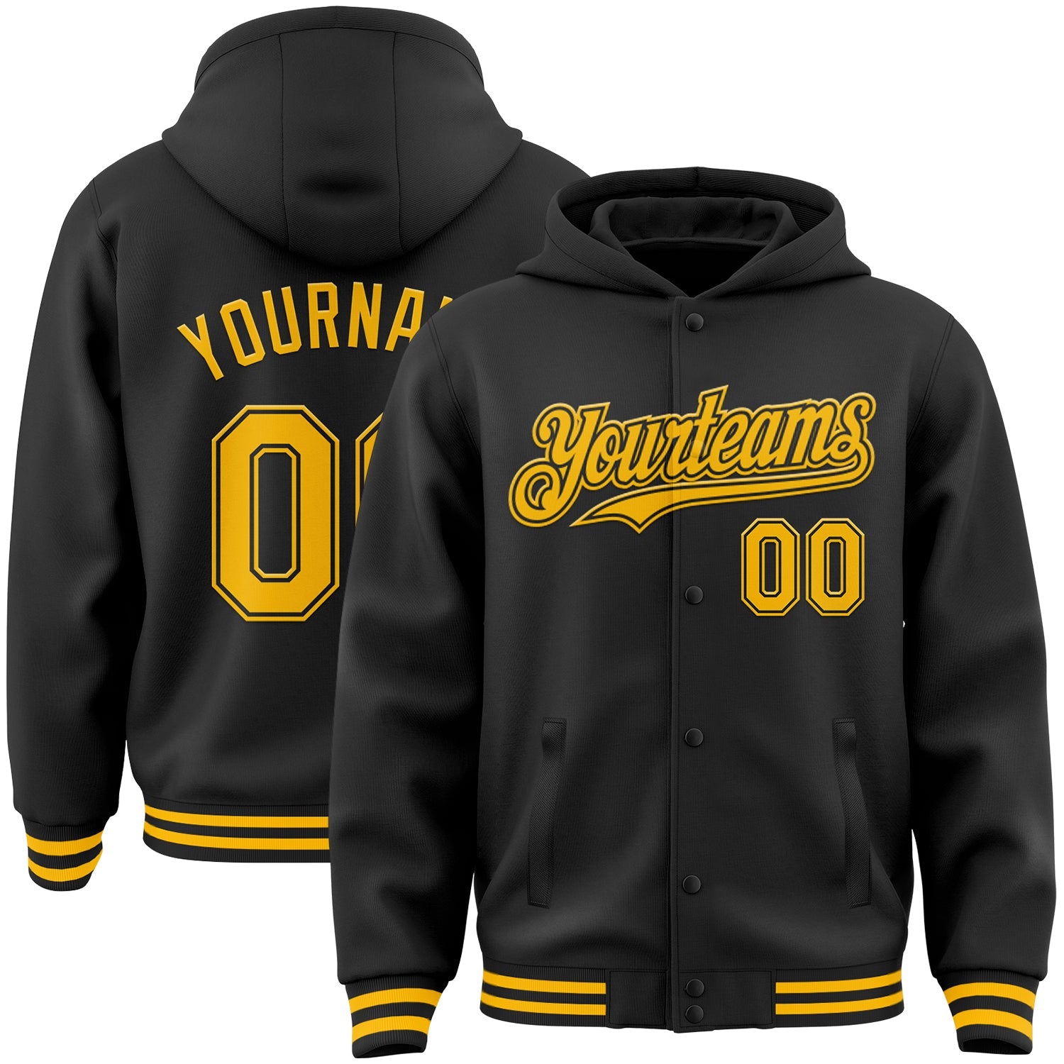 Custom Black Gold Bomber Full-Snap Varsity Letterman Hoodie Jacket - Main View
