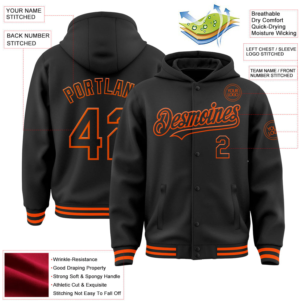 Custom Black Orange Bomber Full-Snap Varsity Letterman Hoodie Jacket view 3