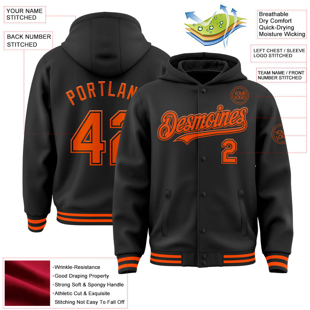 Custom Black Orange Bomber Full-Snap Varsity Letterman Hoodie Jacket view 3