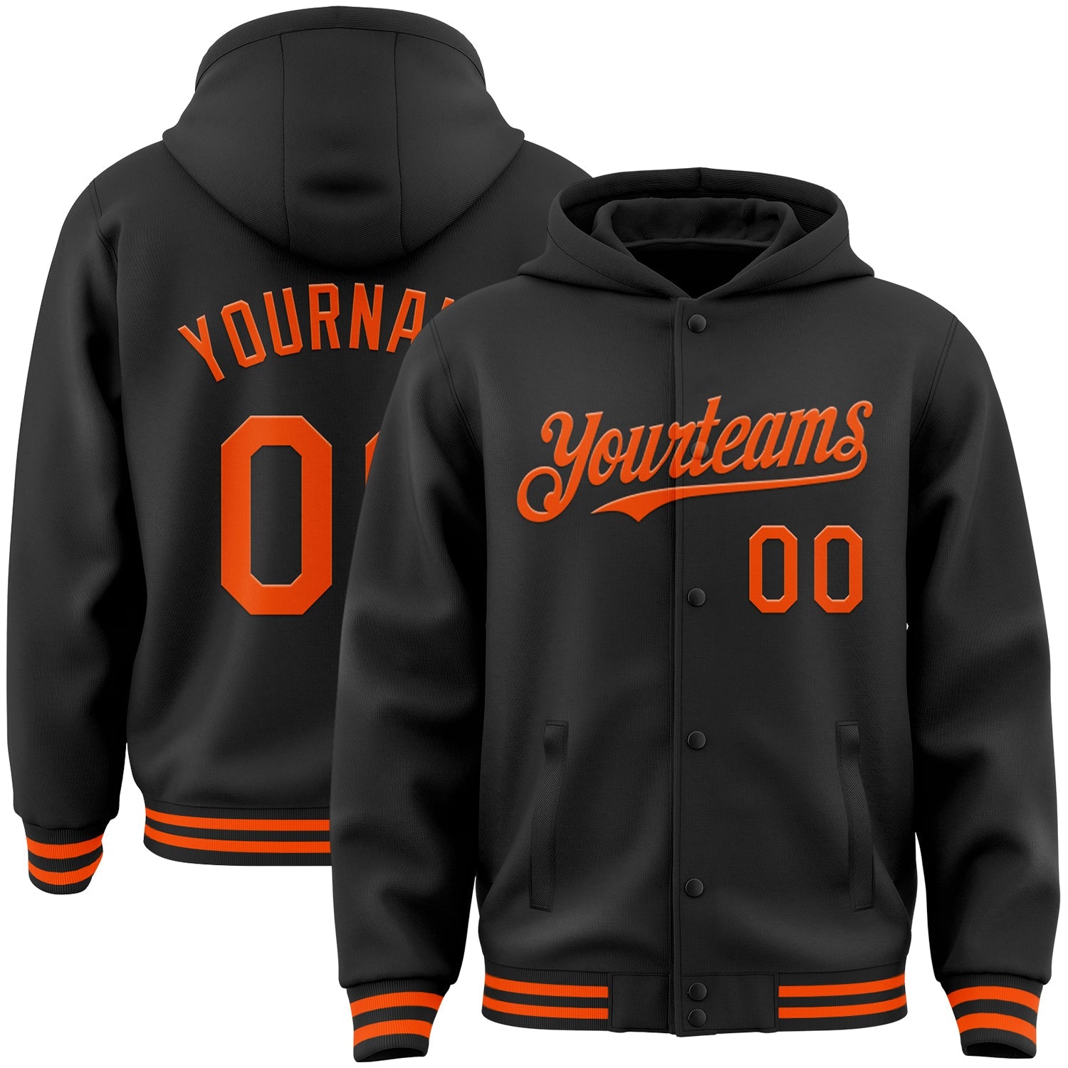 Custom Black Orange Bomber Full-Snap Varsity Letterman Hoodie Jacket - Main View