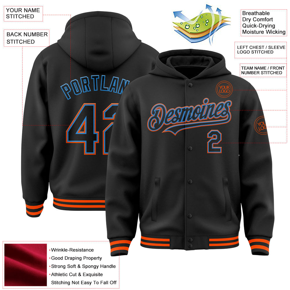 Custom Black Powder Blue-Orange Bomber Full-Snap Varsity Letterman Hoodie Jacket view 3