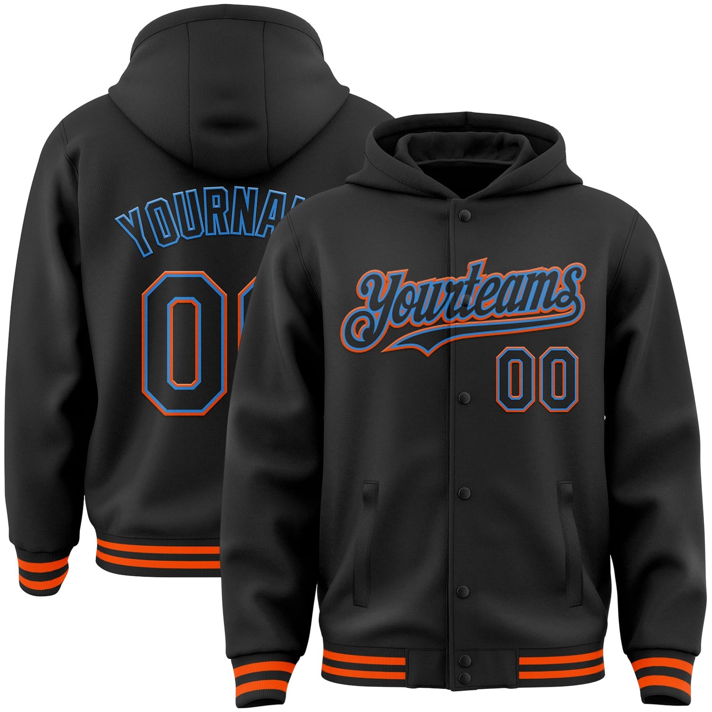 Custom Black Powder Blue-Orange Bomber Full-Snap Varsity Letterman Hoodie Jacket - Main View