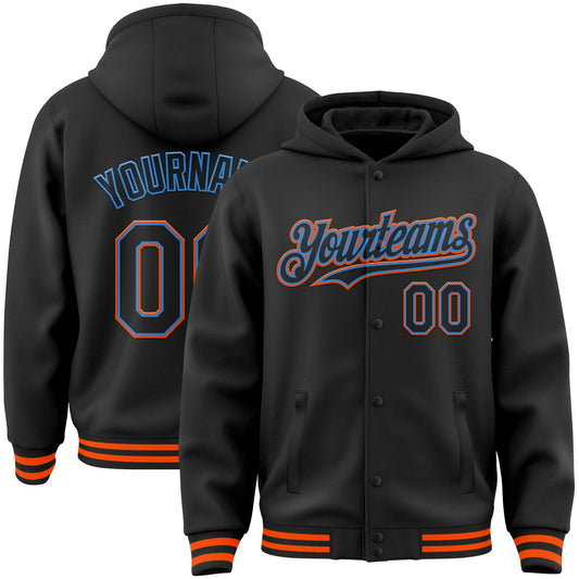 Custom Black Powder Blue-Orange Bomber Full-Snap Varsity Letterman Hoodie Jacket - Main View