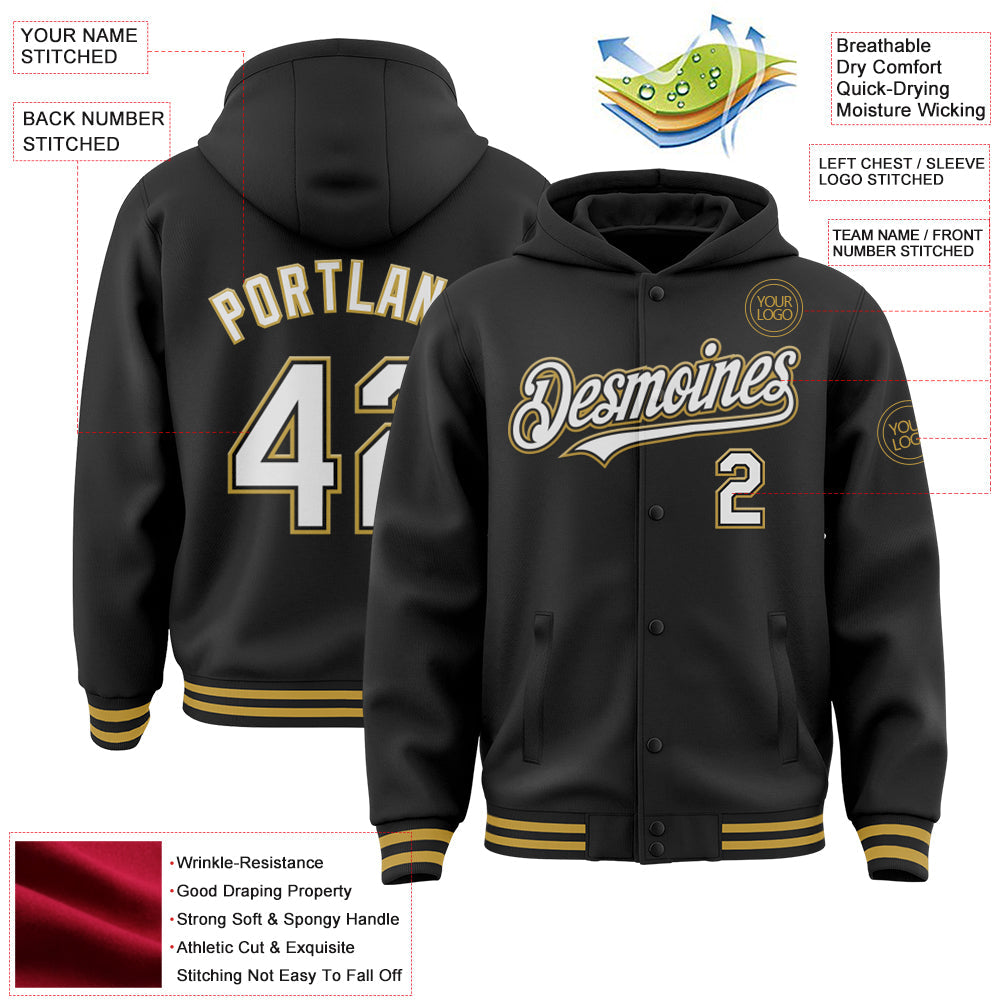 Custom Black White-Old Gold Bomber Full-Snap Varsity Letterman Hoodie Jacket view 3