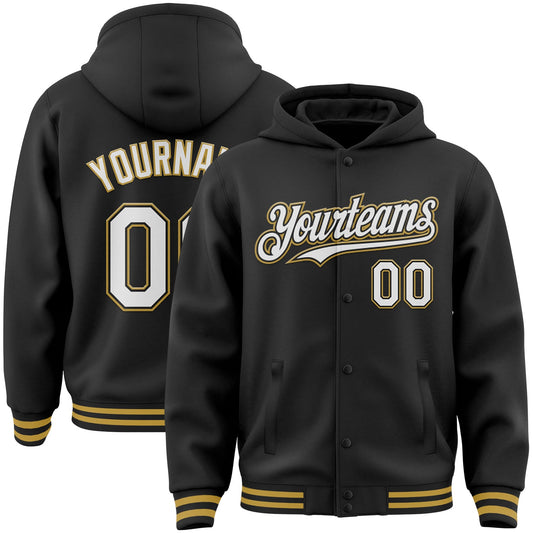Custom Black White-Old Gold Bomber Full-Snap Varsity Letterman Hoodie Jacket - Main View