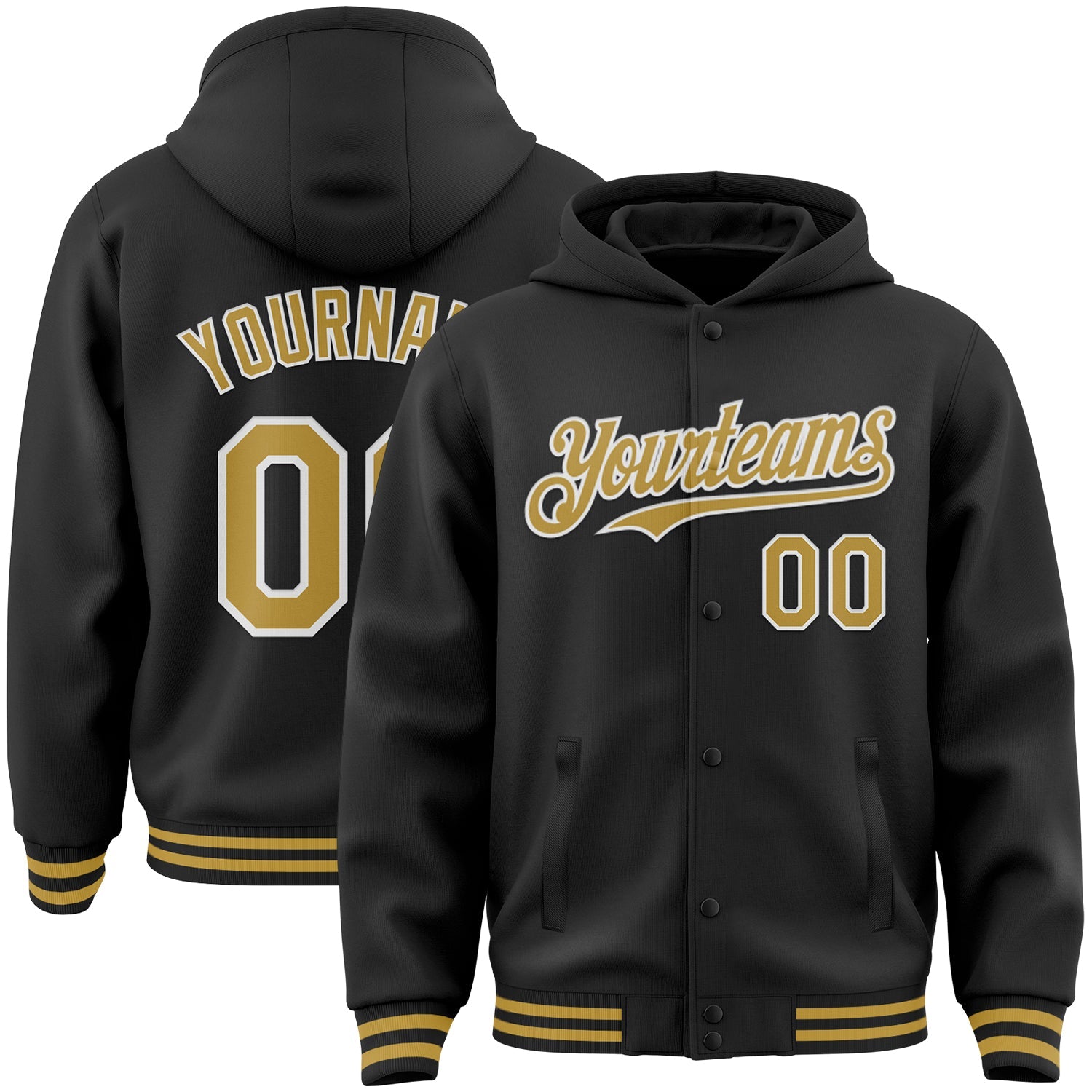 Custom Black Old Gold-White Bomber Full-Snap Varsity Letterman Hoodie Jacket - Main View