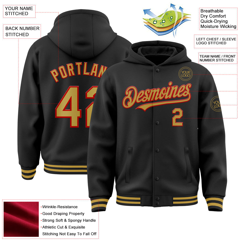 Custom Black Old Gold-Red Bomber Full-Snap Varsity Letterman Hoodie Jacket view 3