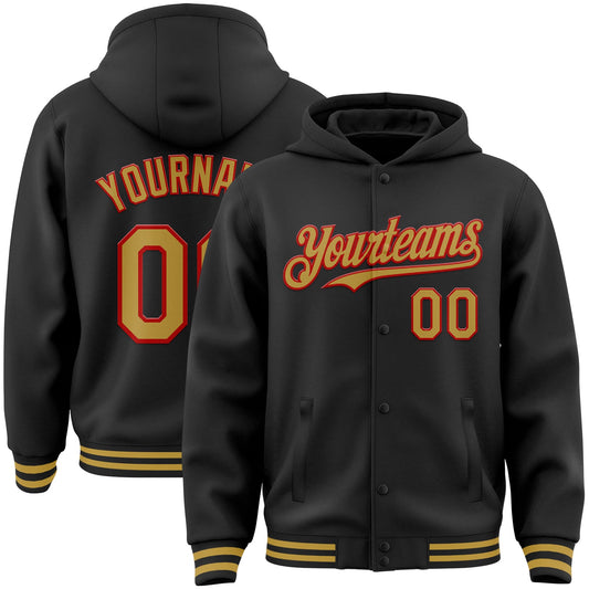 Custom Black Old Gold-Red Bomber Full-Snap Varsity Letterman Hoodie Jacket - Main View